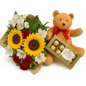 Buquê de Girassóis, Rosas, Ferrero Rocher e Pelúcia
