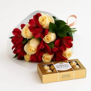 Buquê de Rosas Champanhe e Astromélias Vermelhas com Caixa de Ferrero Rocher