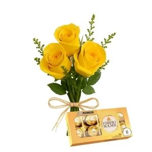 Buquê de Três Rosas Amarelas e Ferrero Rocher