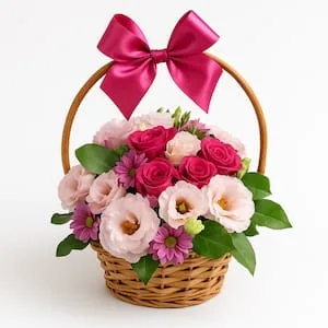 Cesta com Rosas, Lisianthus e Margaridas em Tons de Rosa