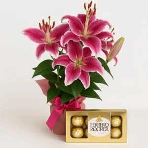Lírios Cor de Rosa no Vaso e Ferrero Rocher