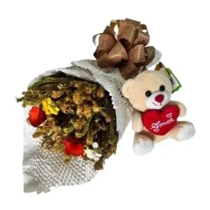 Mini Buquê de Flores Secas e Ursinho Pequeno