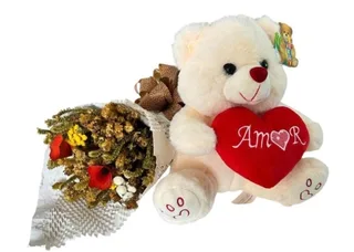 Mini Buquê de Flores Secas e Urso Importado