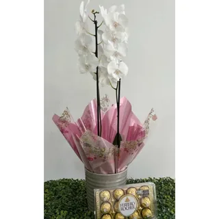 Orquídea Phalaenopsis Branca no Vaso Cerâmica e Ferrero Rocher