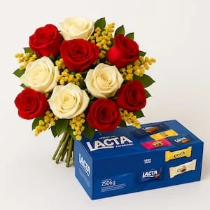 Buquê com 10 Rosas Vermelhas e Brancas com Caixa de Chocolates Lacta