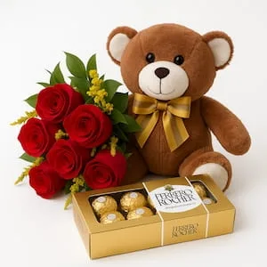Buquê com 6 Rosas Vermelhas, Pelúcia e Caixa de Bombons Ferrero Rocher