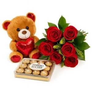 Buquê com 6 Rosas Vermelhas, Urso de Pelúcia e Caixa de Ferrero Rocher