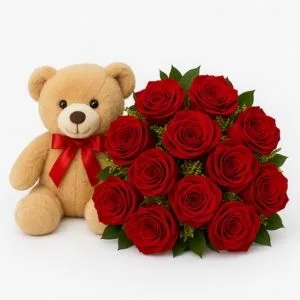 Buquê de 12 Rosas Vermelhas com Pelúcia