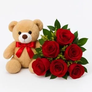 Buquê de 6 Rosas Vermelhas com Pelúcia