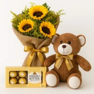 Buquê de Girassóis com Pelúcia e Ferrero Rocher