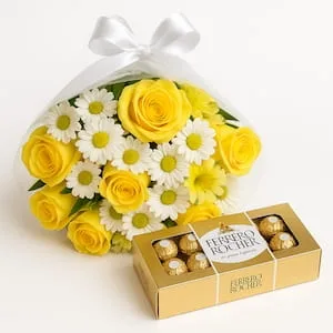 Buquê de Rosas Amarelas e Margaridas com Bombons Ferrero Rocher