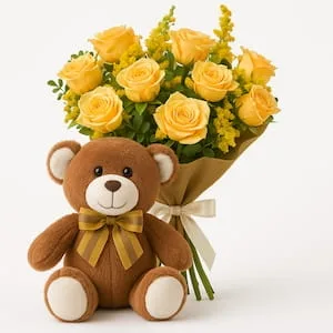 Buquê de Rosas Champanhe com Urso de Pelúcia
