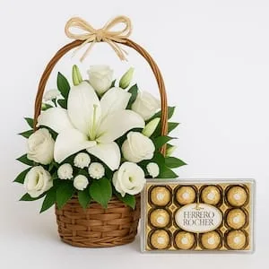 Cesta de Flores do Campo Brancas e Ferrero Rocher