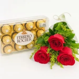Ramalhete de 3 Rosas Vermelhas com Ferrero Rocher