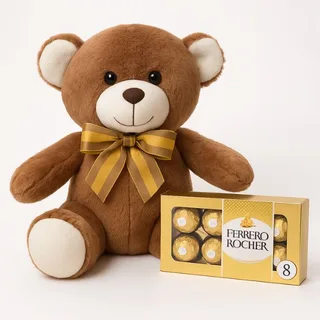 Urso de Pelúcia e Caixa de Bombons Ferrero Rocher 8 Unidades