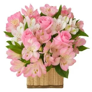 Arranjo de Rosas e Astromélias Rosadas