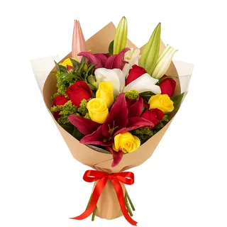 Buquê Colorido de Rosas com Lírios