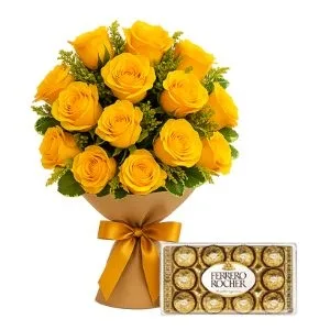 Buquê de 15 Rosas Amarelas com Ferrero Rocher