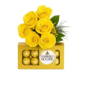 Buquê de 6 Rosas Amarelas com Ferrero Rocher