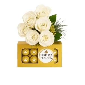 Buquê de 6 Rosas Brancas com Ferrero Rocher