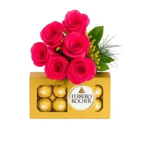 Buquê de 6 Rosas Pink com Ferrero Rocher