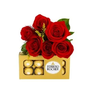 Buquê de 6 Rosas Vermelhas com Ferrero Rocher