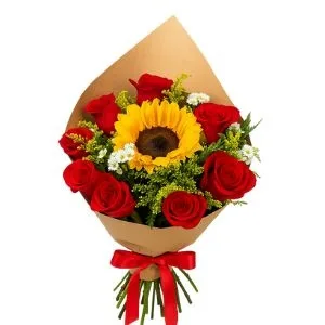 Buquê de 8 Rosas e Girassol