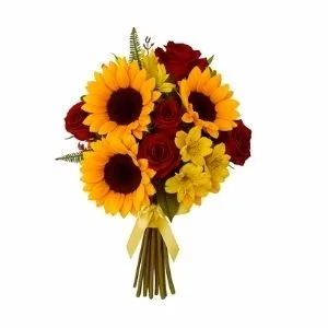 Buquê Premium Girassóis Com Rosas, Mini Rosas E Astrómelias