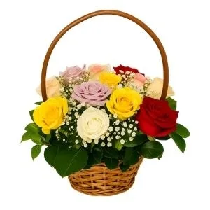 Cesta De Rosas Coloridas Com Gypsophilas
