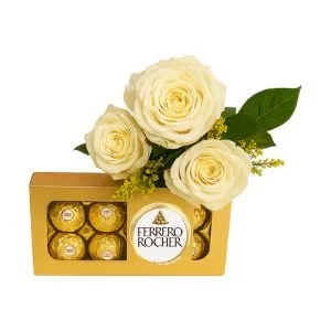 Ramalhete de 3 Rosas Brancas com Ferrero Rocher