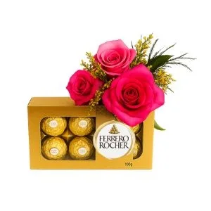 Ramalhete de 3 Rosas Rosadas com Ferrero Rocher