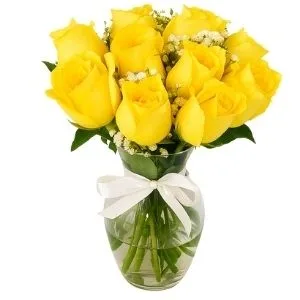 Vaso De 12 Rosas Amarelas Com Gypsophilas