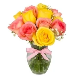 Vaso De 12 Rosas Amarelas E Rosa Com Gypsophilas