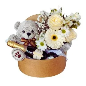 Box Tamanho G com Arranjo de Flores Brancas, Pelúcia e Baby Chandon