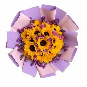 Buquê com Girassóis e Rosas Lilás