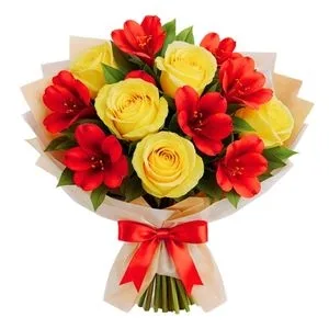 Buquê com Rosas Champagne e Astromelias Vermelhas