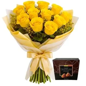 Buquê de 12 Rosas Amarelas com Trufa Belga