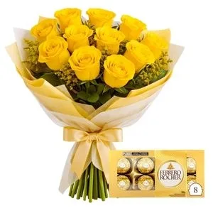 Buquê de 12 Rosas Amarelas e Ferrero Rocher de 8 Unidades