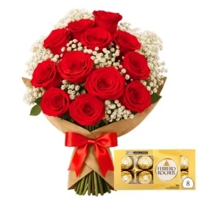 Buquê de 12 Rosas Vermelhas e Ferrero Rocher de 8 Unidades