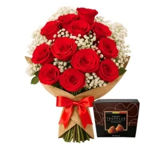Buquê de 12 Rosas Vermelhas e Trufa Belga