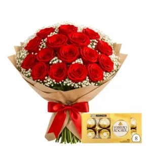 Buquê de 18 Rosas Vermelhas e Ferrero Rocher de 8 Unidades