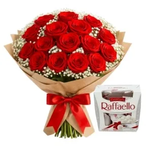 Buquê de 18 Rosas Vermelhas e Raffaello