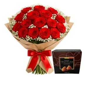 Buquê de 18 Rosas Vermelhas e Trufas Belga