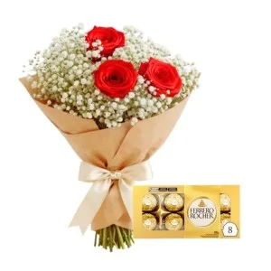 Buquê de 3 Rosas Vermelhas e Ferrero Rocher de 8 Unidades