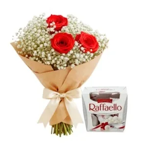 Buquê de 3 Rosas Vermelhas e Raffaello