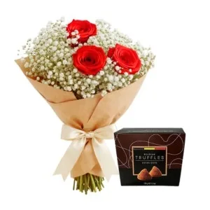 Buquê de 3 Rosas Vermelhas e Trufa Belga