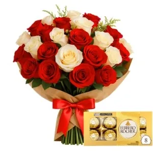 Buquê de 30 Rosas de Duas Cores e Ferrero Rocher de 8 Unidades