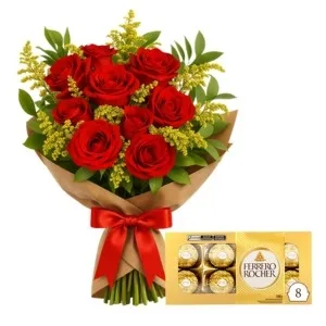 Buquê de 9 Rosas Vermelhas com Ferrero Rocher 8 Unidades