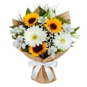 Buquê de Flores Branca com Girassol
