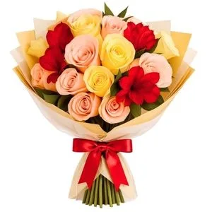 Buquê de Rosas Claras e Astromelias Vermelhas